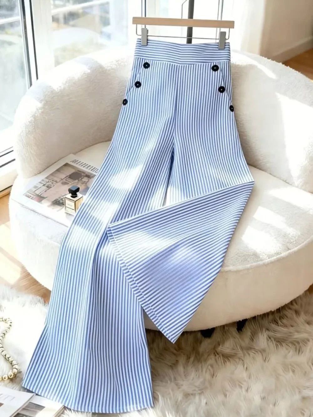 NWT Striped Wide Leg Pants High Waist Nautical Sailor Button Trousers - Picture 7 of 9